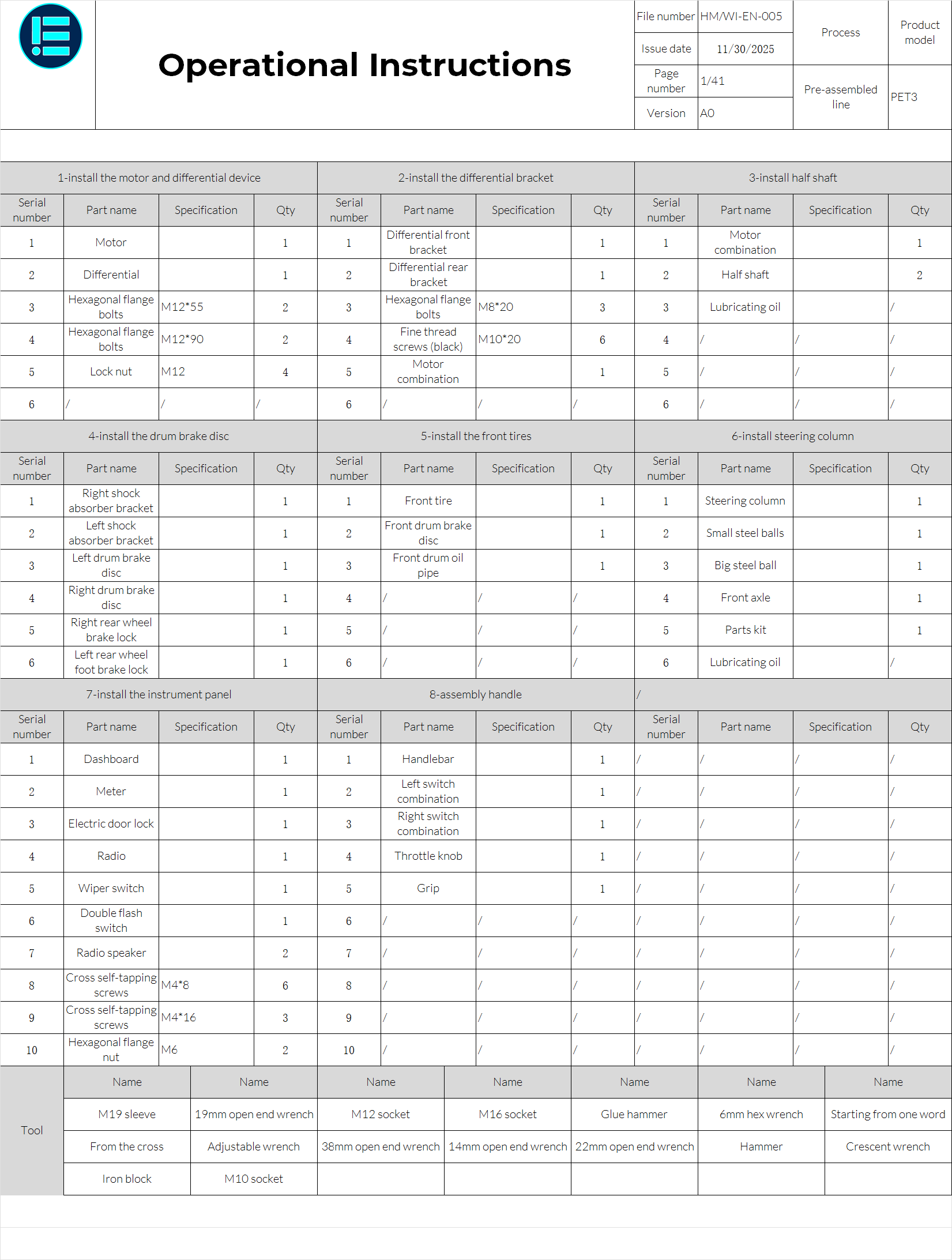 Preassembly Sheet 1